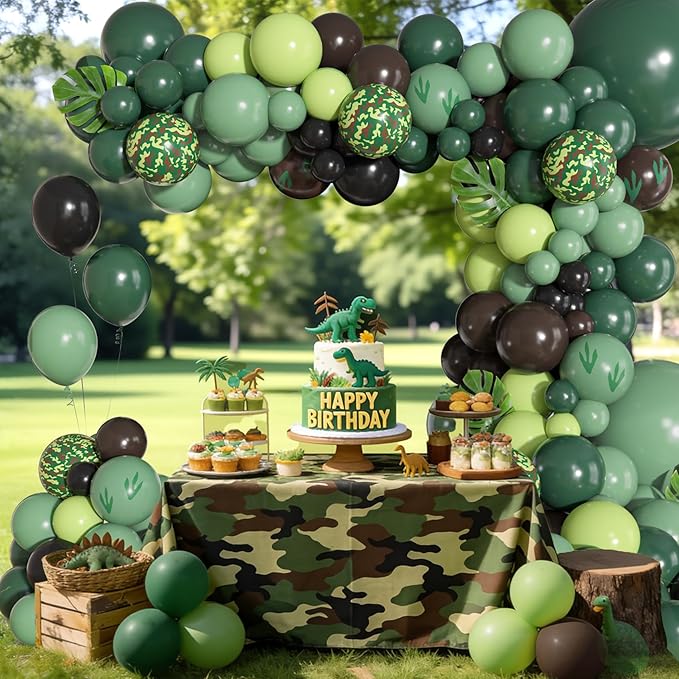 170Pcs Dinosaur Balloons Garland Arch Kit, Hunter Sage Green Brown Black Light Green Paw Printed Balloons for Kids Boys Dinosaur Birthday Jungle Safari Three Rex Dino Party Decorations Supplies
