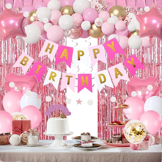 Pink Gold Birthday Party Decorations, Happy Birthday Banner, Pink Fringe Curtain, Heart Star Foil Confetti Balloons, Hanging Swirls for Women Girls Birthdays Princess Party