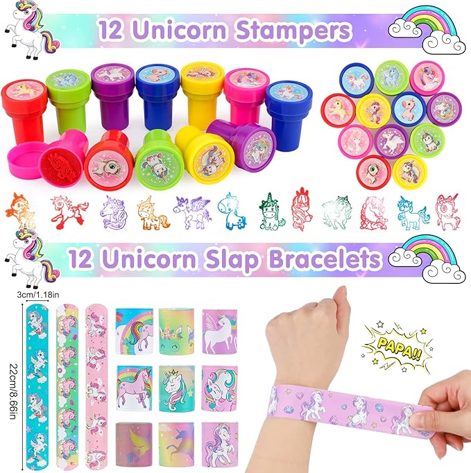 ANPHILE Unicorn Party Favors, 134 Pcs Unicorn Birthday Party Decorations Goodie Bags Keychains Slap Bracelets Stickers Rings Pinata Fillers for Birthday Party