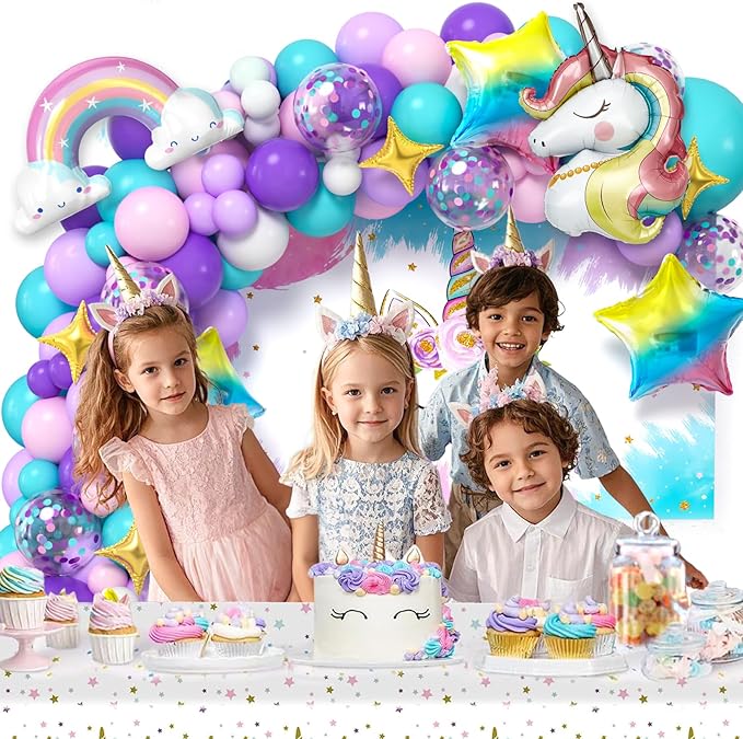 Unicorn Birthday Decorations Party Supplies for Girls, Purple Unicorn Balloon Arch with Backdrop Tablecloth Rainbow Star Foil Balloons, Princess Girls Unicorns Party Decorations Supplie