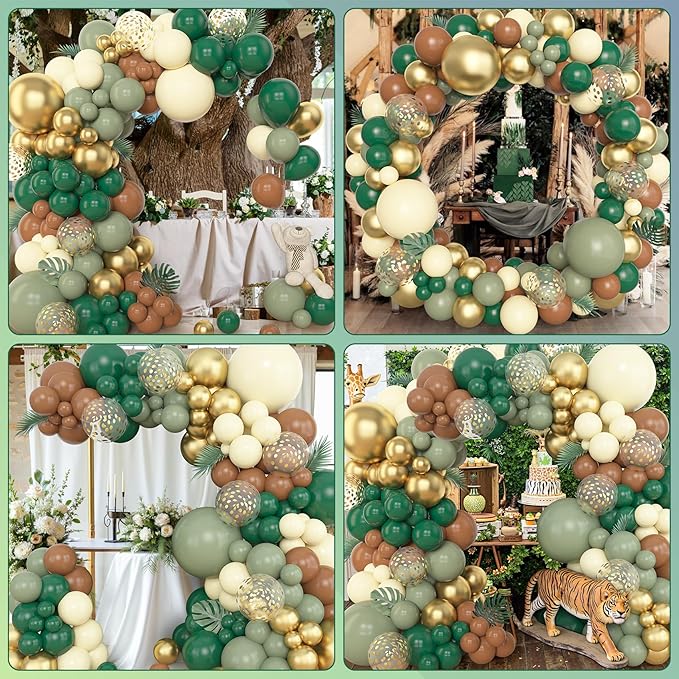 Amandir 153pcs Green Brown Balloon Garland Arch Kit, Different Sizes 18 12 10 5 inch Sage Green Ivory Gold Latex Metallic Confetti Balloon for Safari Jungle Wild One Woodland Tropical Party Decoration