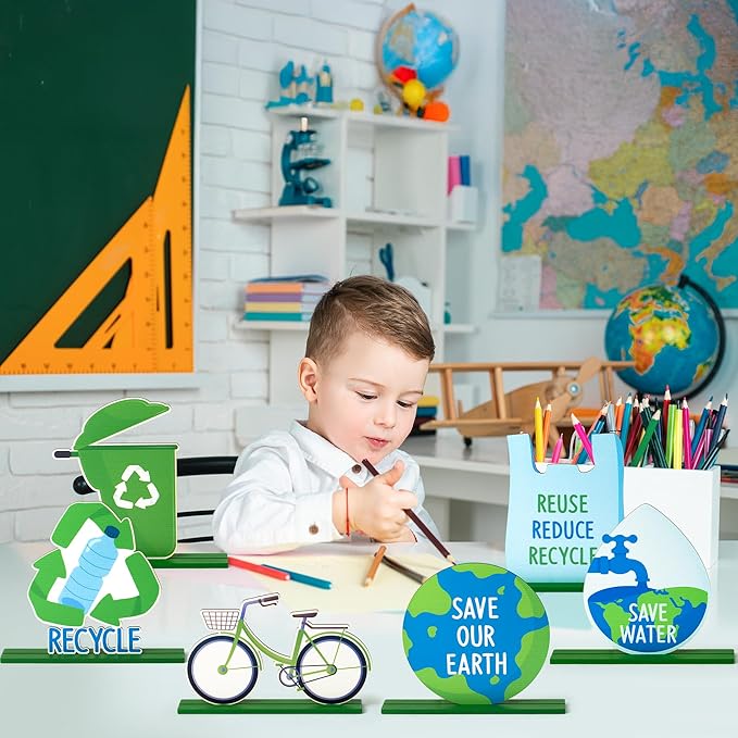6Pcs Earth Day Cute Tiered Tray Decoration Centerpieces, Environmental Protection Wood Sign Recycle Save Water Table Topper Decor Happy Earth Day Supplies for School Home Office Desk Shelf