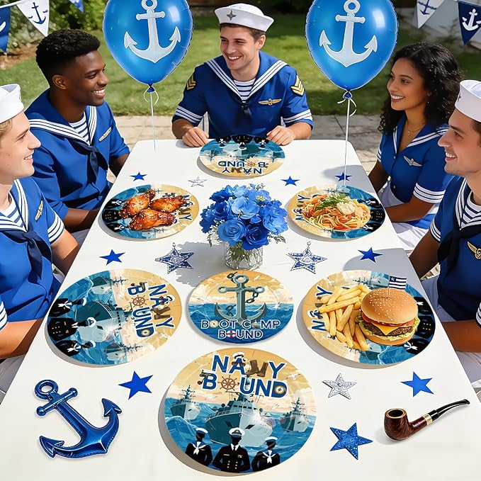 96Pcs Navy Party Supplies Navy Bound Theme Plates and Napkins Blue Military Tableware Set for Boys Men Nautical Baby Shower Anchor Birthday Party Decorations Serves 24