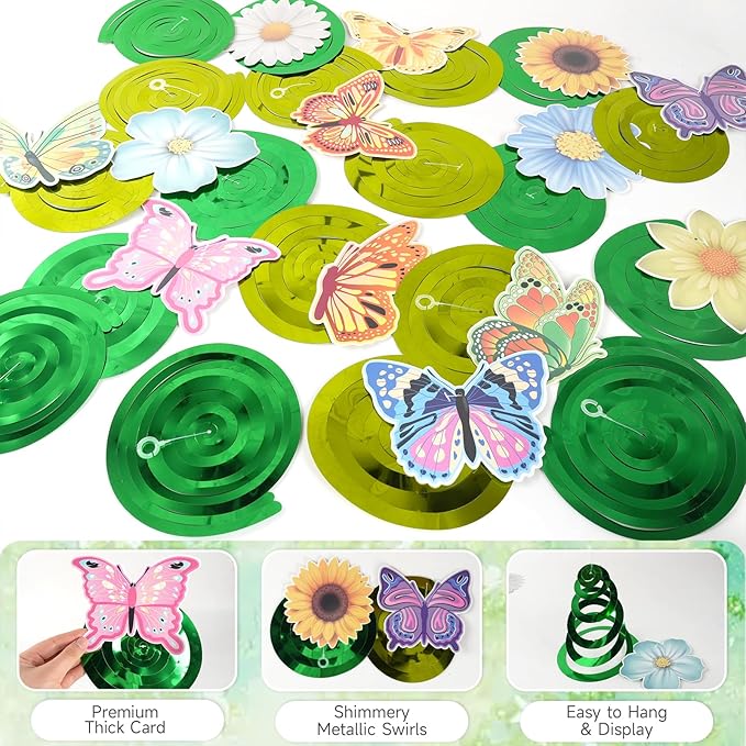 33pcs Spring Hanging Decorations for Home, Flower Butterfly Hanging Swirl Streamers for Spring Summer Easter Flower Butterfly Themed Birthday Party Classroom Decorations