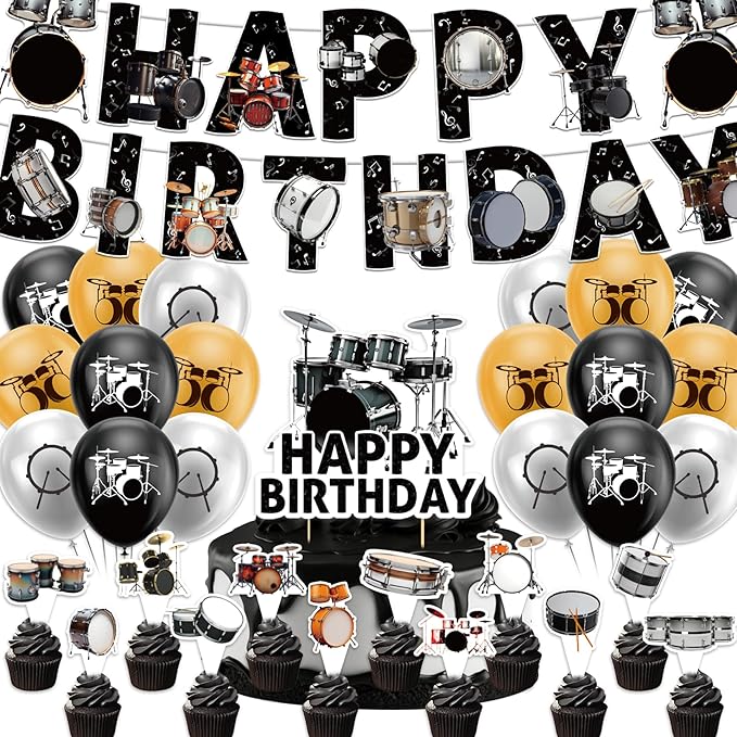 Drum Party Supplies Music Drum Birthday Party Decorations Includes Drums Happy Birthday Banner Cake Topper Cupcake Toppers Balloons for Drummers Birthday Party Baby Shower Decorations