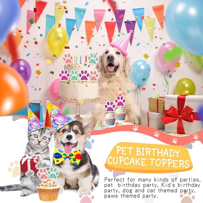 36 Pcs Paw Cupcake Toppers Glitter Dog Paw Cake Decorations 4 Colors Glitter Puppy Cupcake Toppers for Baby Shower Boys Girls Birthday Party Cake Supplies