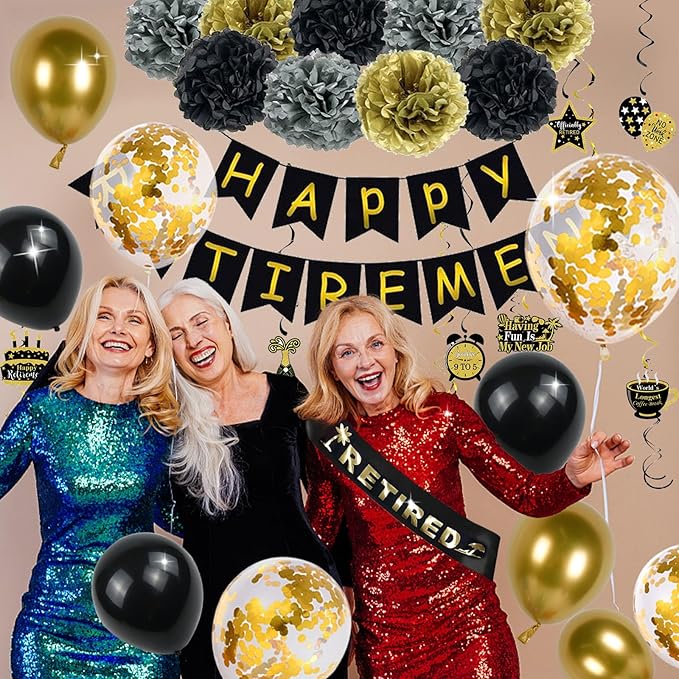 Retirement Party Decorations for Men Women, 92Pcs Black Gold Happy Retirement Decorations Include Balloons Retired Sash Banner Cake Toppers Hanging Swirls Paper Pompom Retired Party Supplies