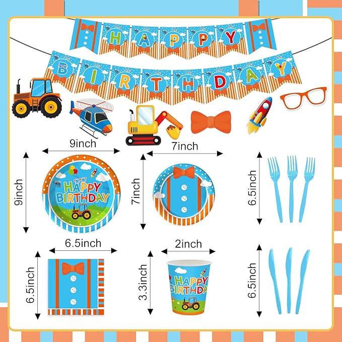 Cartoon English Teacher Birthday Party Supplies Blue and Orange Paper Plates and Napkins Tableware Decorations Set for Kids Birthday Party Supplies for 20 Guests