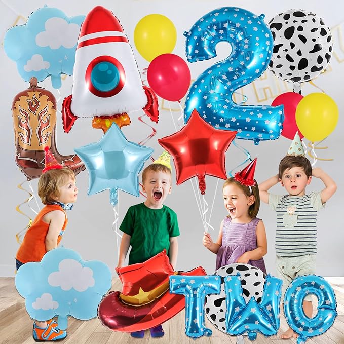17Pcs Toy Themed Party Decorations Cartoon 2nd Birthday Decorations Blue Sky Clouds Cowboy Hat Boots Rocket Balloons Two Infinity and Beyond Toy Inspired Birthday Party Supplies