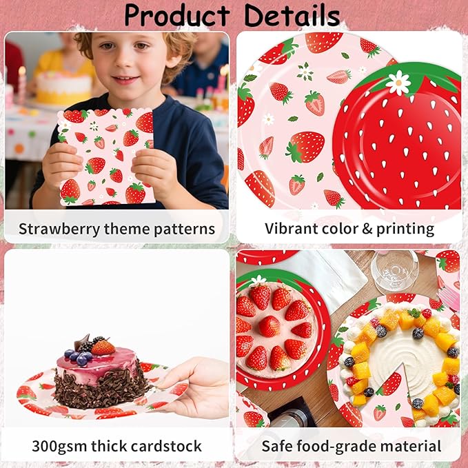 OuMuaMua 177Pcs Strawberry Birthday Party Plates Napkins Banners Supplies Summer Fruit Disposable Tableware Set for Girls Berry First Sweet One 1st Baby Shower Strawberry Theme Decorations, Serves 25