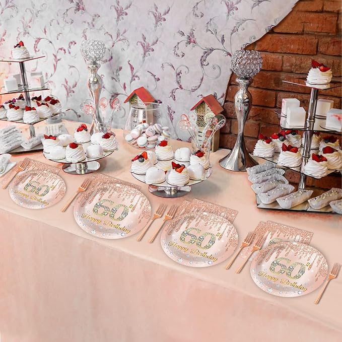 ZOIIWA 96 Pieces 60th Birthday Party Tableware Set for Pink Rose Gold 60th Paper Table Decorations Supplies Pink Rose Gold Happy 60 Birthday Dessert Plates Napkins Forks for 24 Guests Women Supplies