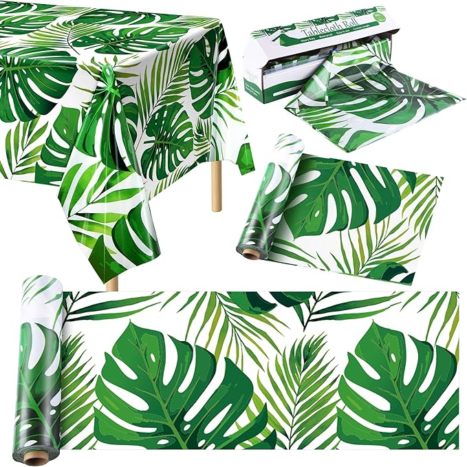 Kochorie Palm Leaves Tablecloth Roll with Cutting Box 54 Inch x 100 Ft Hawaiian Luau Tablecloths Disposable Aloha Tropical Table Cover Backdrop for Hawaii Birthday Summer Beach Tropical Party Supplies