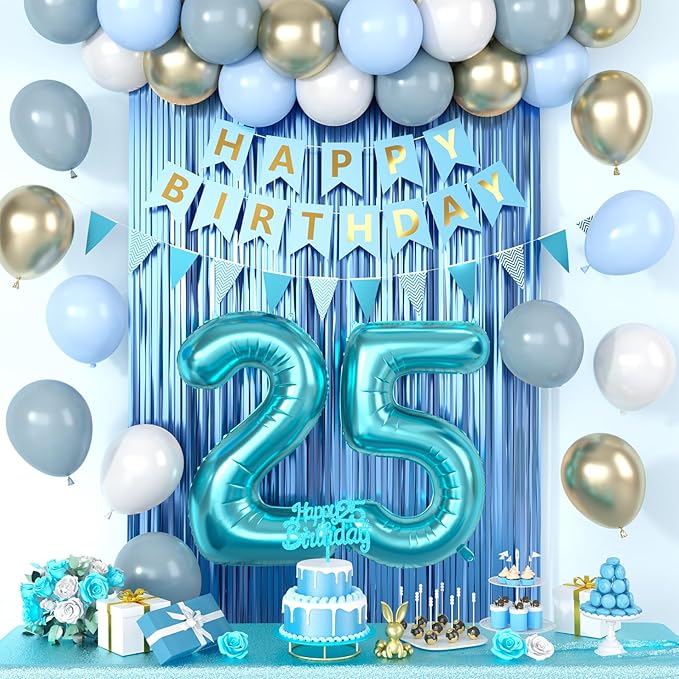25th Birthday Decorations, Blue Happy Birthday Party Decorations With Teal Blue Number 25 Balloons Dusty Macaron Blue White Balloons Fringe Curtain Banner Cake Topper For Man Woman Party Supplies