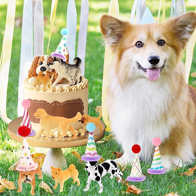 Hooqict 20Pcs Dog Cake Topper Animals Figures with Mini Party Hats Dog Birthday Cake Decorations Cupcake Toppers for Puppy Themed Birthday Party Decorations