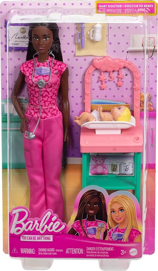 Barbie Baby Doctor Playset with Brunette Fashion Doll Wearing Pink Scrubs, Baby Doll, Furniture & Accessories