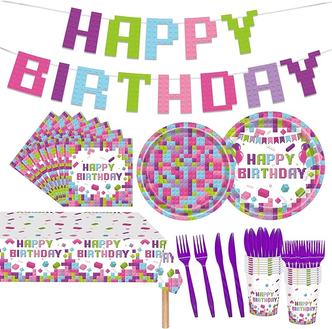 98PCS Building Blocks Birthday Party Supplies Building Blocks Party Decoration Boys Girls Colorful Building Blocks Theme Paper Plates and Napkins Tableware Set Tablecloth Banner Serve 16