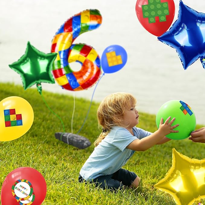 40 Inch Building Block Number Balloon, Colorful Number Block Foil Balloons Large Big Numbers Helium Balloon for Girls Boys 6th Birthday Brick Theme Party Decorations (Number 6)