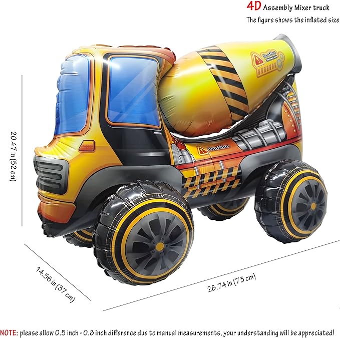 Self Standing 4D Construction Balloon Large Mixer Truck Armed Forces Digger Engineering Vehicle Balloon For Boys Construction Birthday Theme Party Decoration Supplies