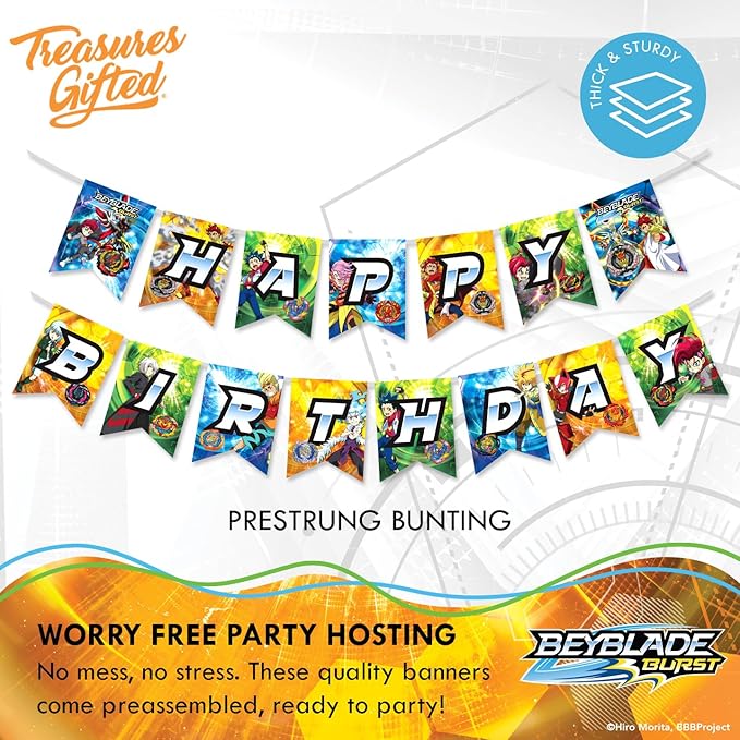 Officially Licensed BEYBLADE Banner Set - (1) Banner & (2) Triangle Pennants - BEYBLADE Birthday Party Supplies