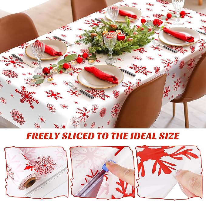Kochorie 100 Ft x 54 Inch Red Snowflake Tablecloth Roll with Cutter Box Christmas Themed Snowflake Printed Cut to Size Table Cover Disposable Winter Backdrop for Frozen Birthday Party Supplies