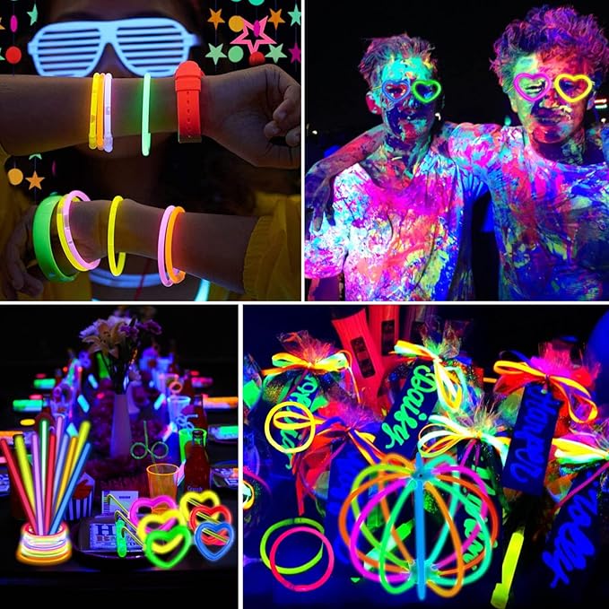 255 PCS Glow Neon Party Supplies Glow Sticks Party Decorations Black Light Reactive Decor Set - Fluorescent Banner, Glows in The Dark Balloons, Neon Tablecloths, Cake Toppers, Light Up Sticks, Glasses