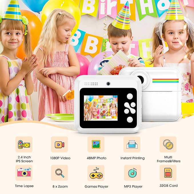 Kids Camera Instant Photo Printing,HD Digital Video dual Cameras for Toddler,Kids Digital Camera That Print Photos Christmas Birthday Gift for Boys and Girls with 32GB SD & 3 Rolls Print Paper (White)