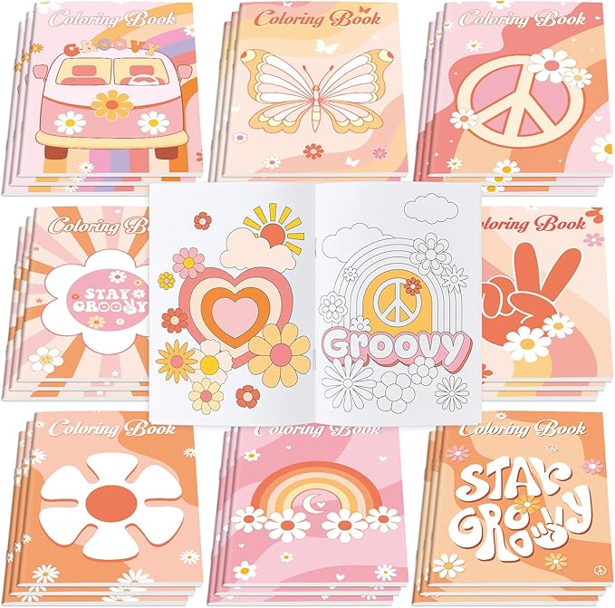 Honoson 24 Pcs Hippie Boho Coloring Books Kids Stay Groovy Drawing Book Peace Sign Mini Coloring Books Daisy Rainbow Hippie Bus Activity Book for Retro Boho Two Groovy Birthday Party Supplies Favors
