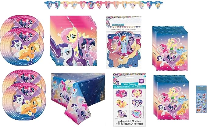 My Little Pony Birthday Party Supplies Favor Deluxe Bundle Pack Serves 16 includes 16 Plates, 16 Napkins, 1 Table Cover, 1 Banner, 16 Loot Bags, 24Tattoos, 1 Dinosaur Sticker Sheet