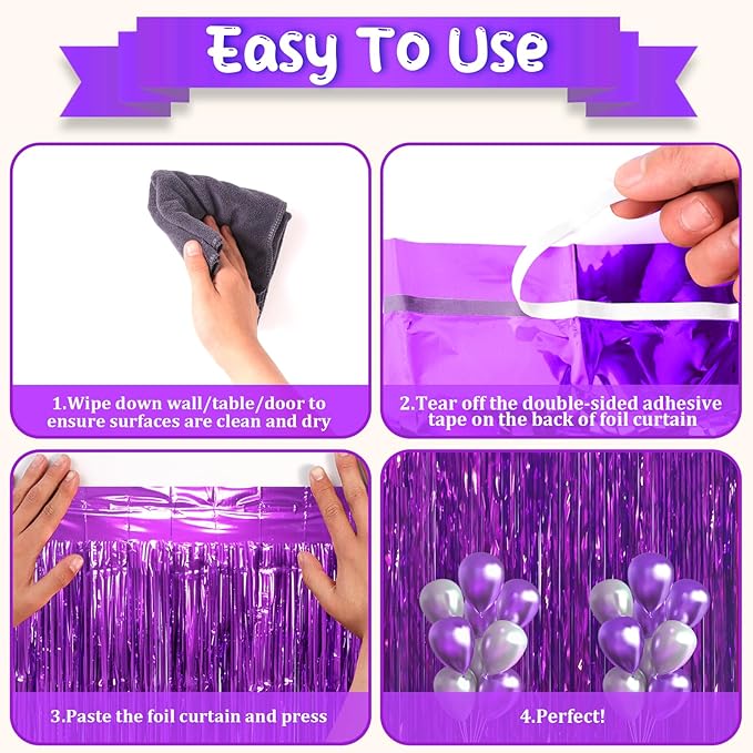 3.3 x 6.6 ft Foil Fringe Backdrop Curtains, Tinsel Streamers Party Decorations, Fringe Backdrop for Birthday, Baby Shower, Gender Reveal, Graduation (3, Purple)