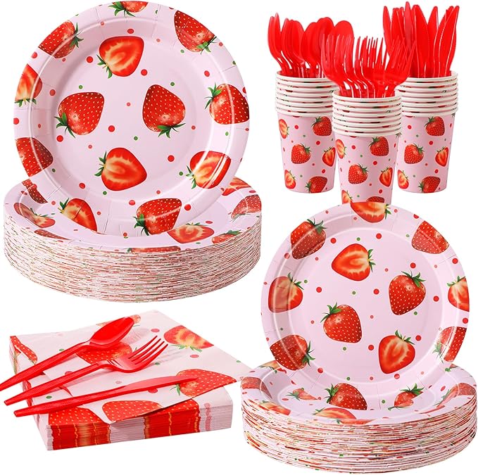 350 Pcs Strawberry Party Supplies Tableware Set Disposable 9'' 7'' Paper Plates 9 oz Cups Cutlery Napkins Dinnerware Set for 1st Berry First Birthday, Serve 50 (Strawberry, Red, Pink)