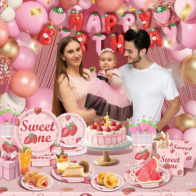 146Pcs Strawberry Plates and Napkins strawberry Party Supplies Includes Plates, Napkin, Fork, Cup, Straw, Tablecloth, Banner for Baby Shower Birthday Party Decorations, Serves 24 (Strawberry)