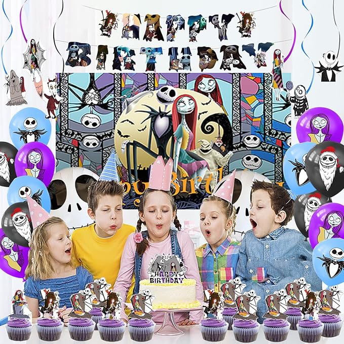 Birthday Party Decorations, Magical Wizard Pirate Halloween Horror Night Themed Party Supplies - Happy Birthday Banner, Balloons, Backdrop, Tablecloth, Cake Inserts Set-Black