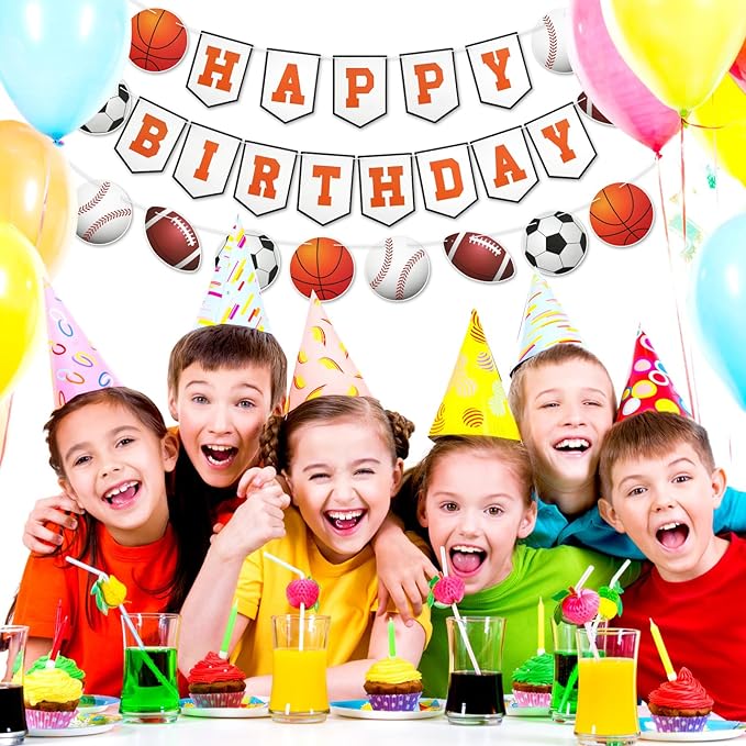 3pcs Sports Birthday Banner - Happy Birthday Basketball Baseball Football Rugby Decorations for Photo Props Party Supplies