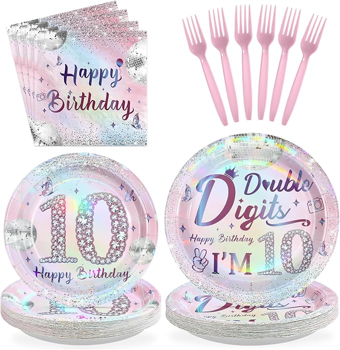 96Pcs 10th Birthday Party Decorations for Girls Double Digits Plates and Napkins Iridescence Silver Pink 10th Tableware for Girls Double Digits Tenth Birthday Party Decorations Serve 24