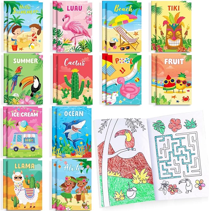 BenLouis 24 Pcs Summer Mini Coloring Books Kids Pool Beach Party Favors Small Activity Books Bulk for Kids Summer Hawaii Birthday Goodie Bags Stuffers Return Gifts Classroom Travel