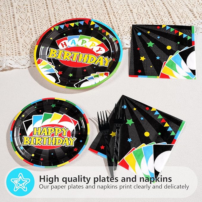 Grencian 96 Pcs Card Game Birthday Party Decorations Game Night Party Decorations Disposable Colorful Playing Card Tableware Set for Adults Boys Cards Games Themed 1st Birthday Parties Supplies