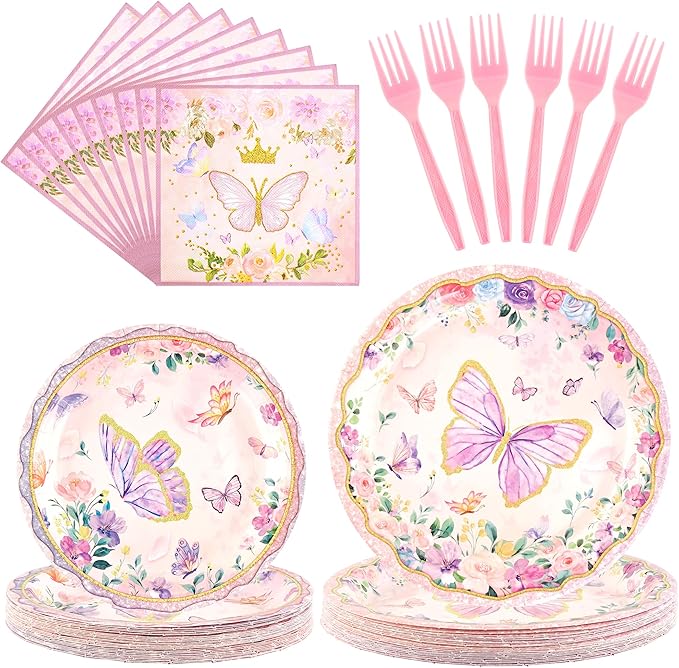 CANREVEL 96 PCS Butterfly Birthday Party Plates Serve 24, Butterfly Plates and Napkins Forks Set, Disposable Tableware for Party Supplies Decorations for Grils Kids Women
