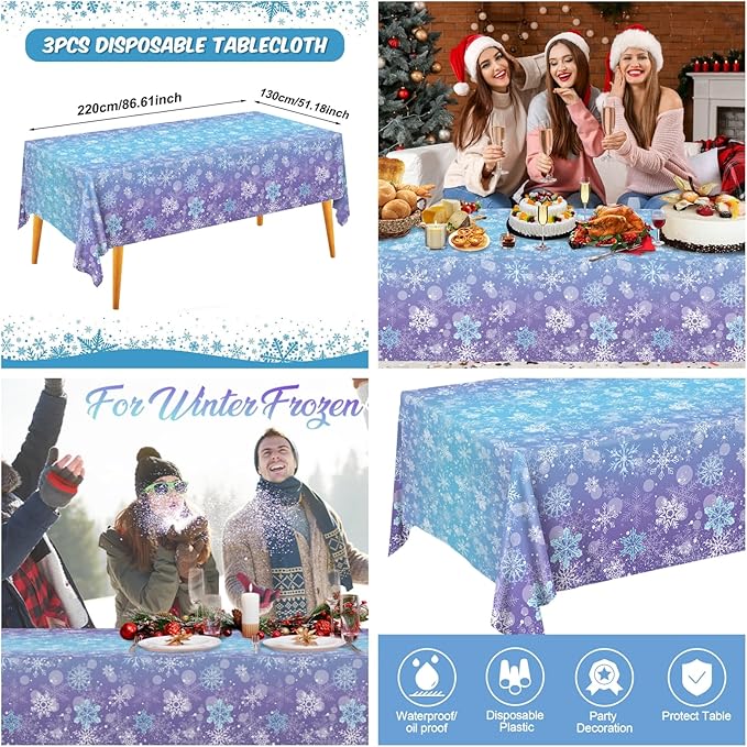 3PCS Winter Frozen Tablecloth Decorations, Blue and Purple Snowflake Winter Wonderland Disposable Rectangular PE Table Cover for Christmas Holiday New Year Birthday Party Decorations, 51.2x 86.6inch