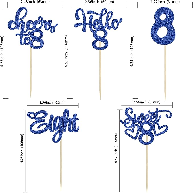 30Pcs 8th Birthday Cupcake Toppers Glitter Eight Hello 8 Cupcake Picks Cheers to 8 Years Old Cake Decorations for 8th Birthday Party Supplies Deep Blue