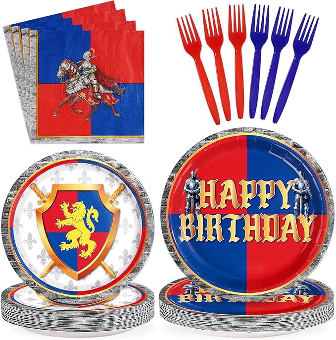 96Pcs Medieval Fantasy Birthday Party Decorations with Lion Knight Medieval Plates and Napkins Sets Castle Birthday Decorations for Boys Girls Dragon Theme Castle Celebration Party Supplies Serves 24