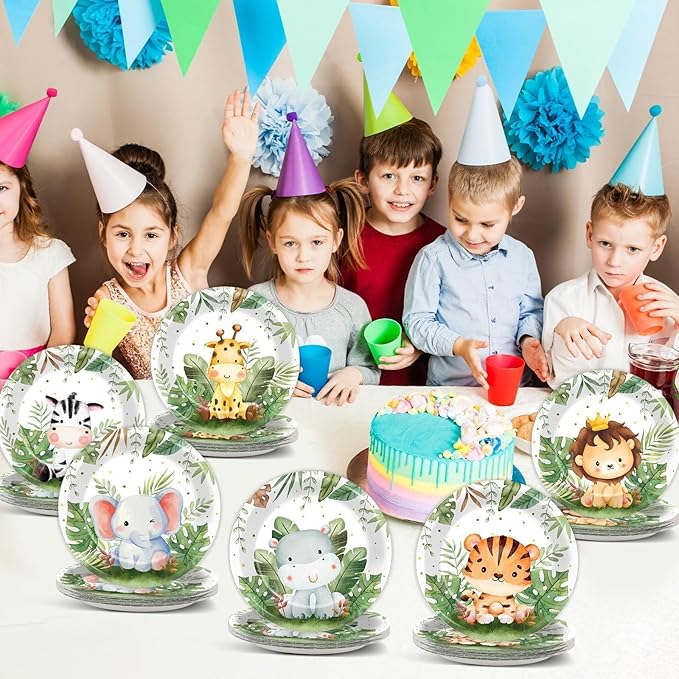 60Pcs Jungle Safari Plates Party Supplies Zoo Animal Paper Plates Safari Tableware Party Decorations for Birthday Baby Shower Woodland Animals Print Dinnerware Party Favors for 60 Guest