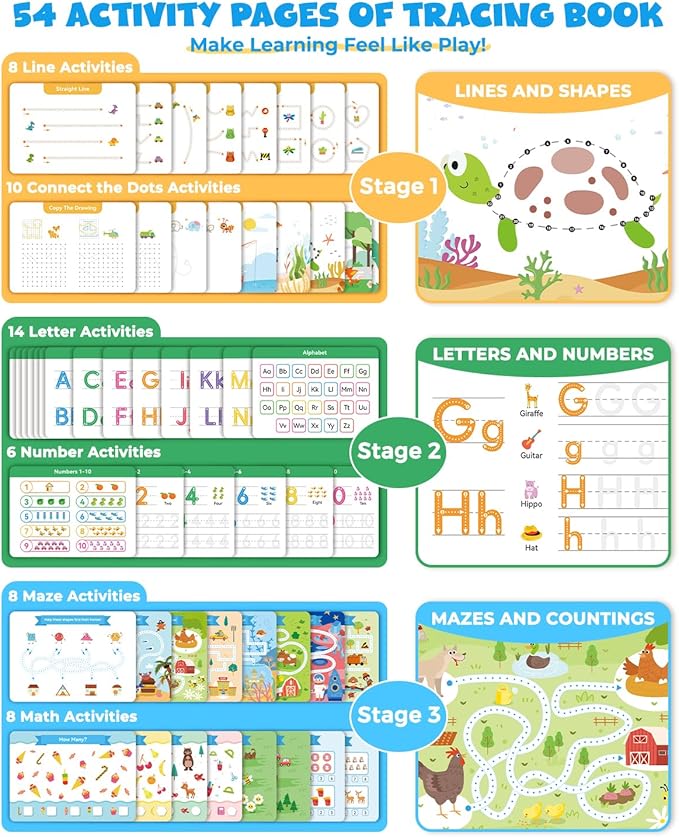 Preschool Learning Activities 54 Reusable Pages, Tracing Books for Kids Ages 3-5, Toddler Activities Busy Book, Handwriting Practice Kindergarten Workbooks, Educational Toys for 3 4 5 Year Old