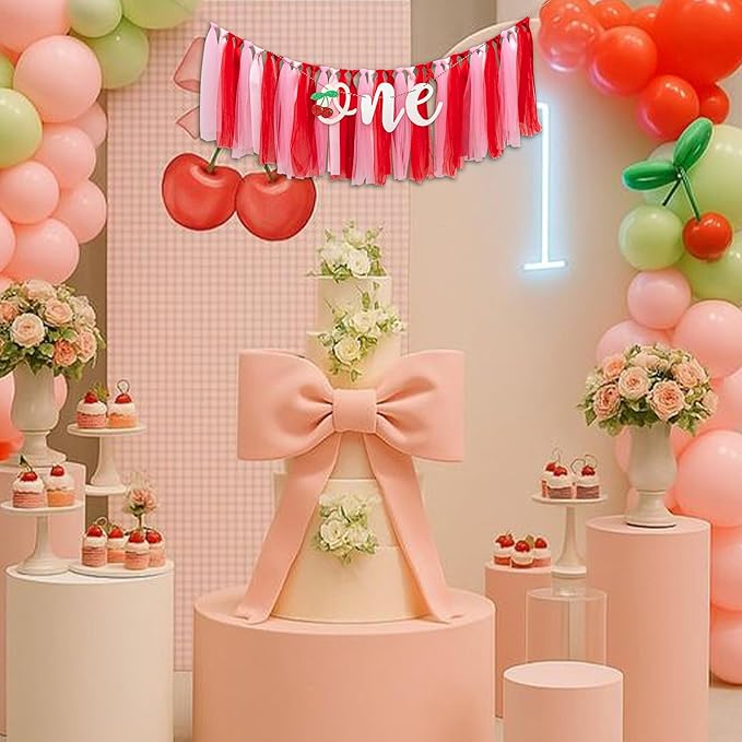 Cherry One High Chair Banner - Cherry Themed First Birthday Party Banner Garland, Sweet Girl Birthday Party Decoration Supplies Garland, Anniversary Photo Shoot Background Props Banner