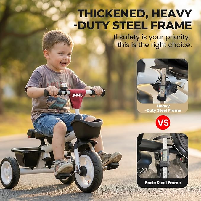 JMMD 7 in 1 Tricycle Stroller with Push Handle, Baby Trike with 360° Swivel Seat, Reclining Backrest, All-Terrain Wheels, Dual Brakes, Canopy & Storage, Gift for Kids 18 Months to 5 Years, Red