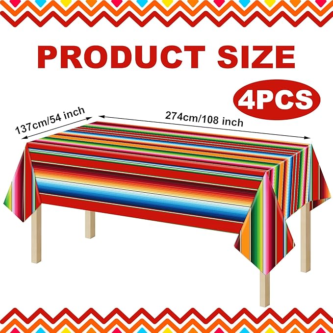 4 PCS Mexican Fiesta Plastic Tablecloth 108 x 54 Inch Mexican Striped Disposable Table Covers Waterproof Cinco De Mayo Rectangle Party Table Cloth for Fiesta Taco Mexico Themed Birthday Party Supplies