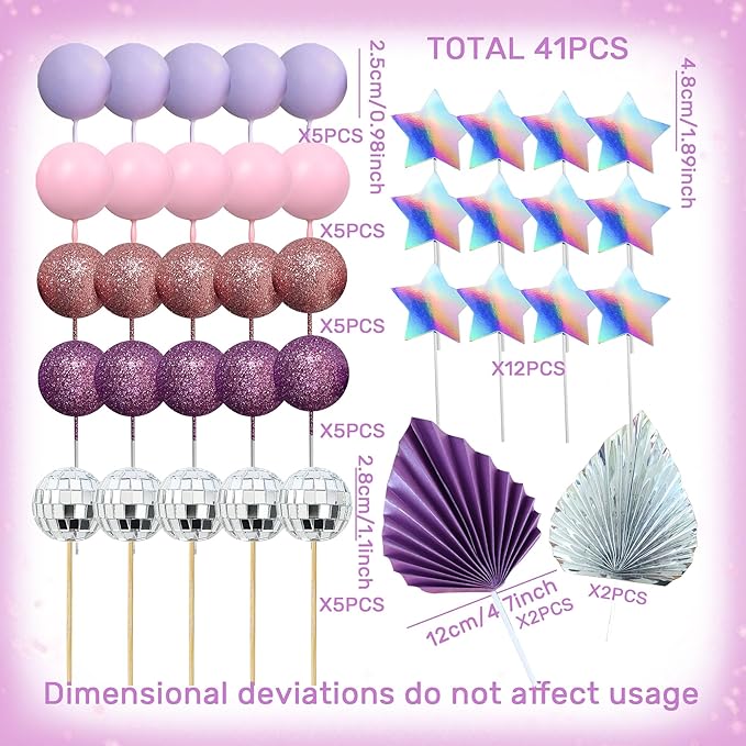 41Pcs Cool Girl Cake Decorations Purple Disco Ball Cake Topper Singer Stars Birthday Decoration Purple Cool Girl Bachelorette Party Supplies Bridal Shower Decor