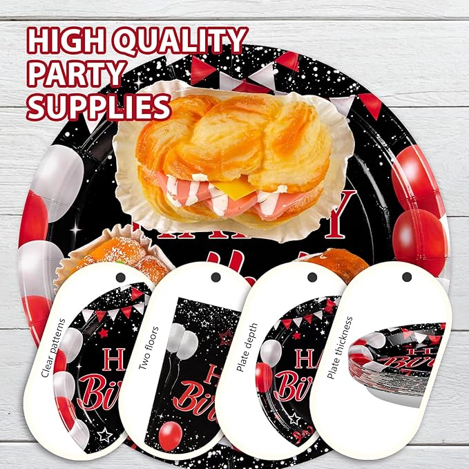 Grencian 96Pcs Red and Black Birthday Party Decorations Valentine's Day Red and Black Plates and Napkins Disposable Tableware Set for Birthday Valentine's Day Party Supplies, Serves 24