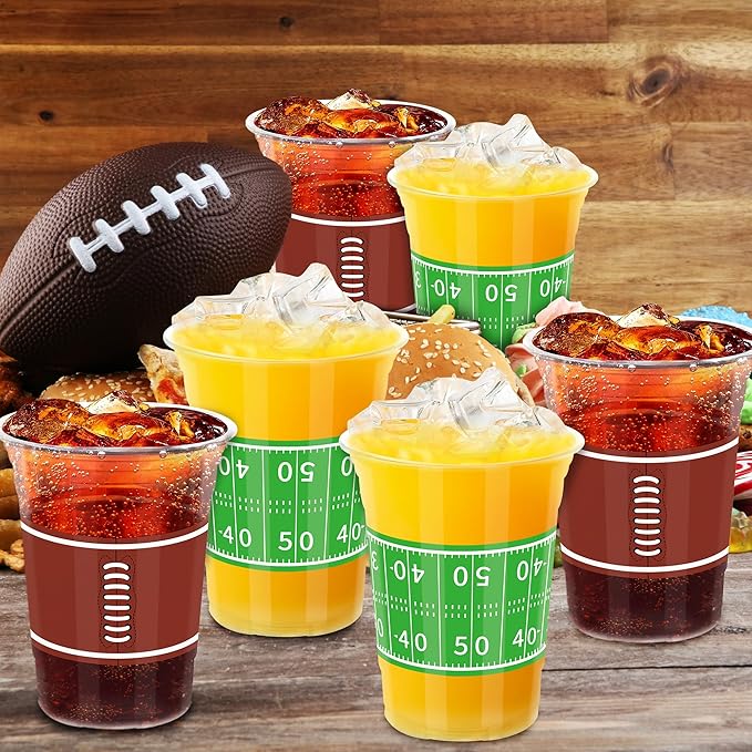50 PCS Football Cups, 16 OZ Football Party Cups, Thickened Football Plastic Cups, Disposable Clear Drinking Cups in 2 Designs for Football Party Supplies Football Party Decorations Touchdown Favors