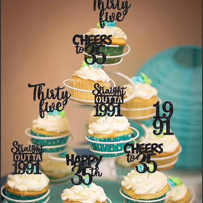 30PCS Black 35th Birthday Cupcake Toppers Glitter Thirty Five Happy 35 Straight Outta 1991 Cupcake Picks for Cheers to 35 Years 35th Birthday Anniversary Party Cake Decorations Supplies