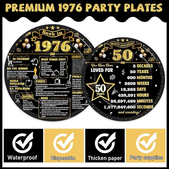 CHUNNIN 96Pcs 50th Birthday Plates and Napkins Back in 1976 Party Decorations Black Gold 50 Year Old Party Dessert Plates 1976 Disposable Tableware for 50th Theme Men Woman Birthday Supplies